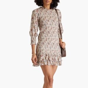Veronica Beard Cream Floral Smocked Ruffle High Neck Farha Mini Dress Bohemian